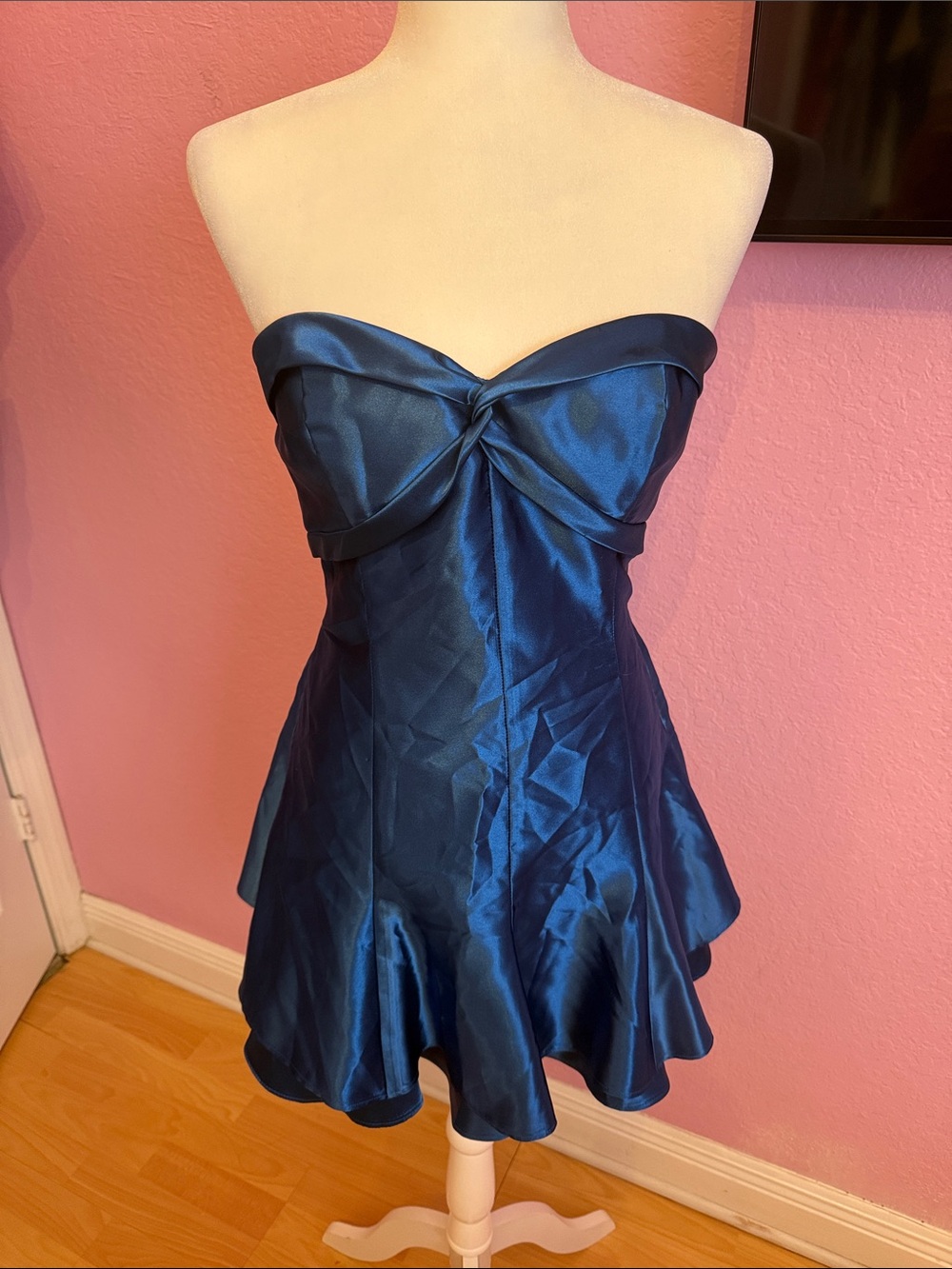Strapless Blue Satin Prom Dress with Flared Skirt